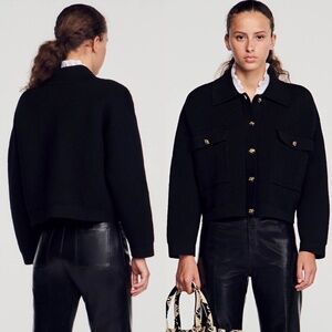 Sandro black marcel cropped knit cardigan jacket